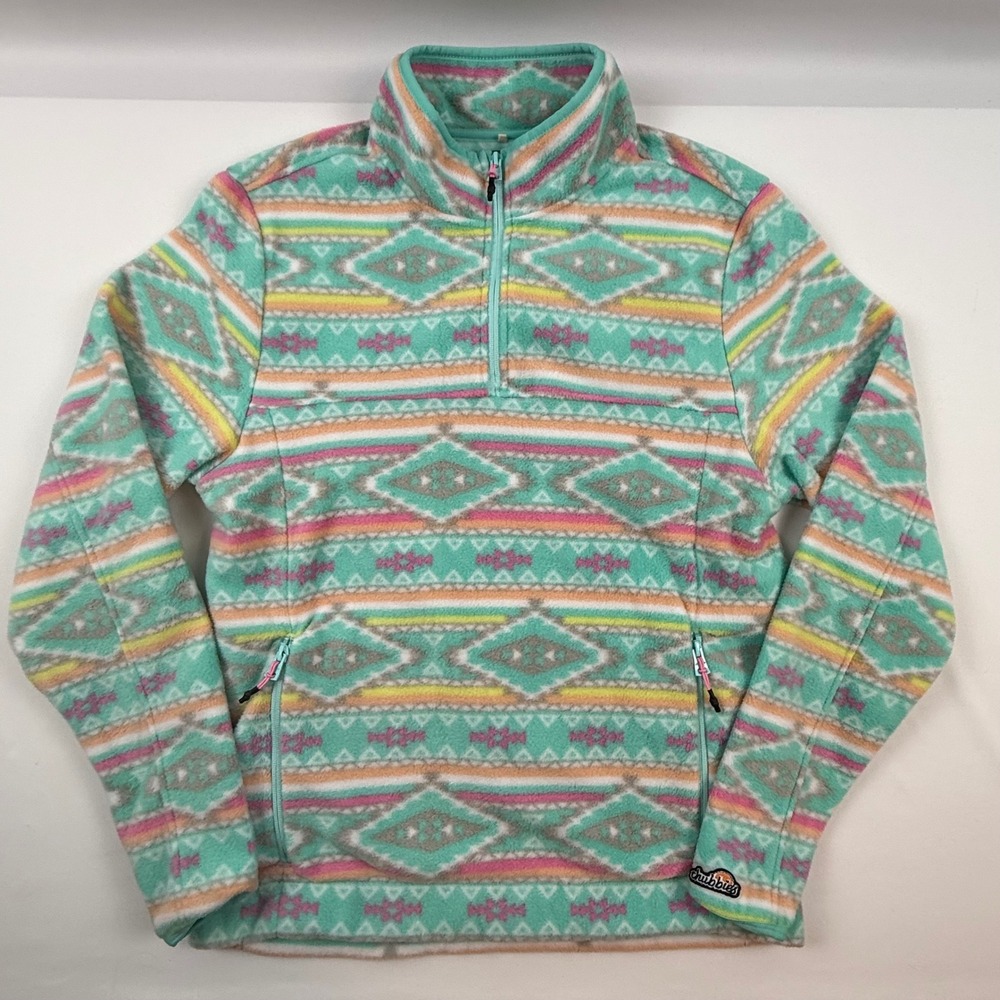Chubbies Womens Teal Southwestern Geometric 1/4 Zip Fleece Pullover Small